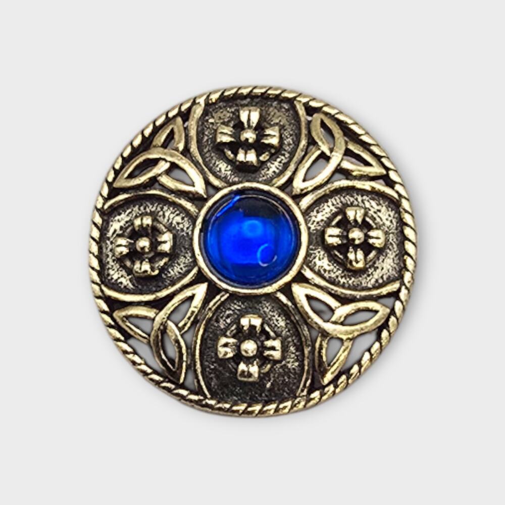 Miracle Celtic Medallion Brooch Blue Glass Cabochon Gold Tone Scottish Revival